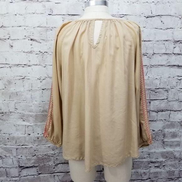 Angie L Embroidered Peasant Blouse Pink Detail 3/4 Sleeve Boho Top - Picture 4 of 7